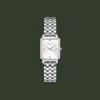 Silver watch with a rectangular face on a white background