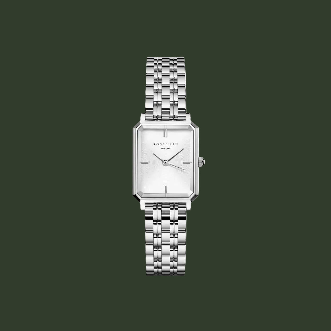 Silver watch with a rectangular face on a white background