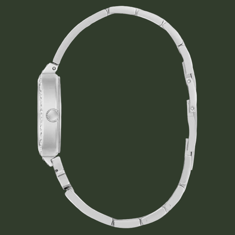 Silver stainless steel women's watch shown from the side profile, featuring a matching metal link bracelet and a round bezel, set against a plain white background.