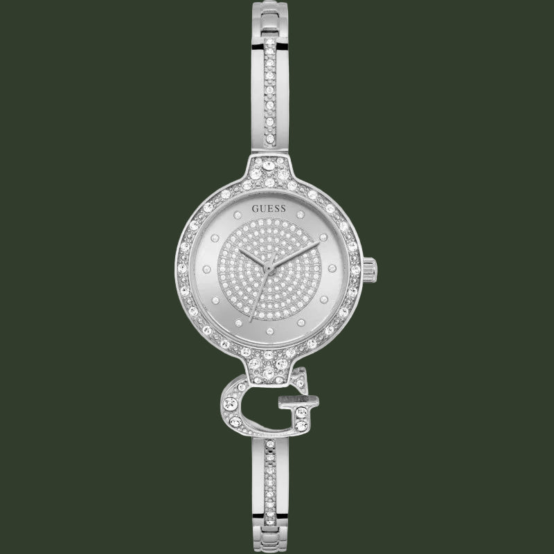 A silver-tone Guess bangle watch with a crystal-encrusted bezel, crystal-detailed dial, and signature 'G' bracelet connector, shown on a plain white background.