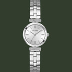 Silver Guess watch with a detailed bracelet on a white background