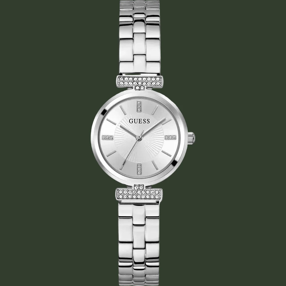 Silver Guess watch with a detailed bracelet on a white background