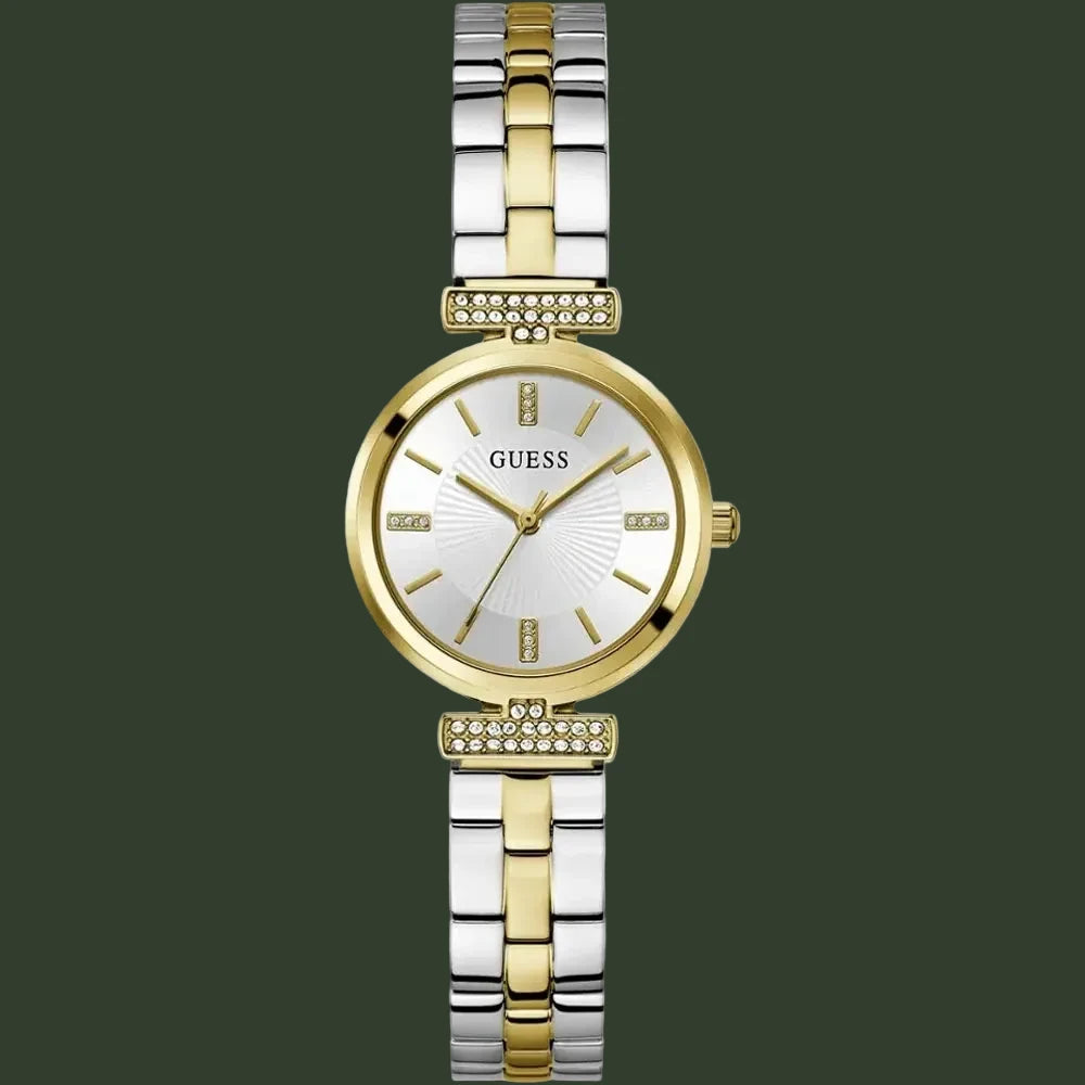 Two-tone gold and silver watch with a white face on a white background