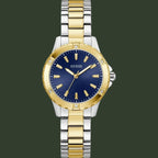 Two-tone gold and silver watch with a blue dial on a white background