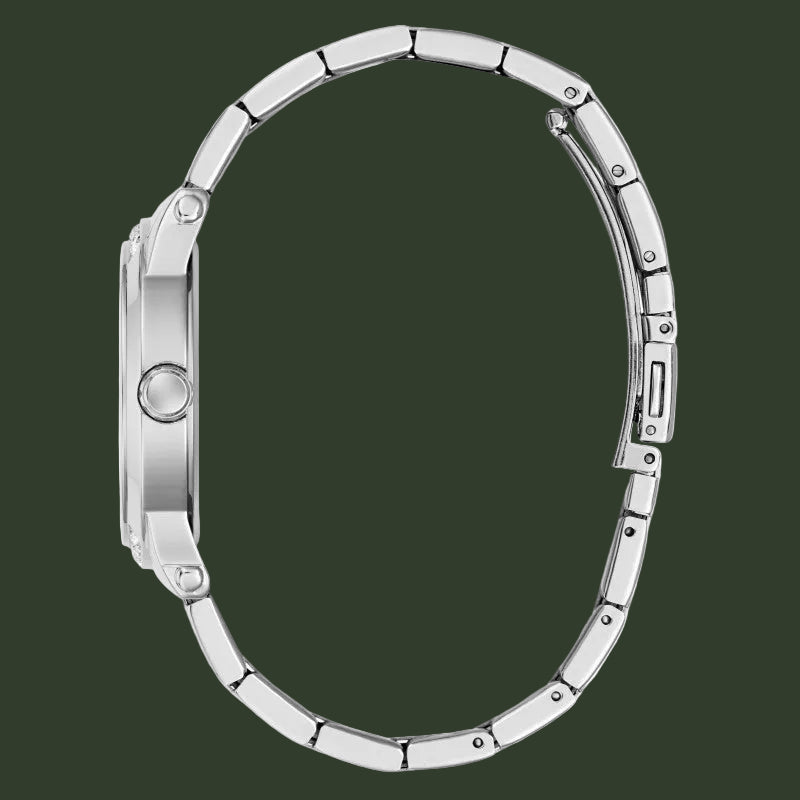 Silver stainless steel link watch band shown from the side profile against a plain white background.
