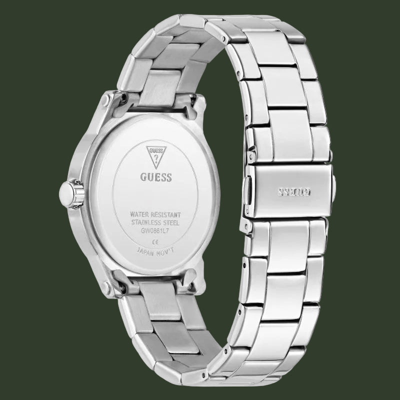 Silver Guess watch with a metal band on a white background