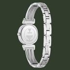A silver stainless steel analog watch by GUESS, shown from the back to display the circular case back and integrated link bracelet on a plain white background.