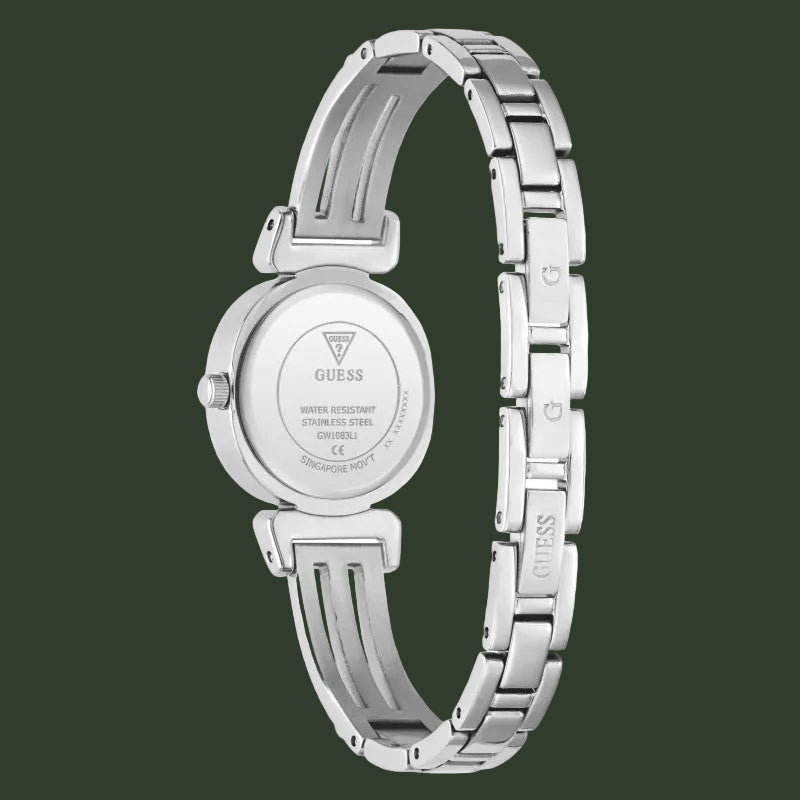 A silver stainless steel analog watch by GUESS, shown from the back to display the circular case back and integrated link bracelet on a plain white background.