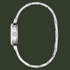Silver stainless steel watch band with a segmented, linked design and a side profile view of the case on a white background.