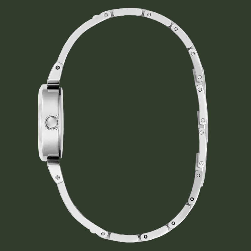 Silver stainless steel watch band with a segmented, linked design and a side profile view of the case on a white background.