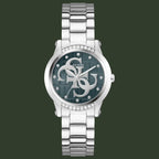 A Guess women's analog watch with a silver-tone stainless steel link bracelet, a round silver-tone case, and a dark green dial featuring the Guess logo and crystal accents.