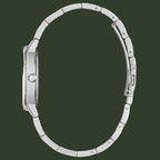 A silver stainless steel watch with a matching metal link bracelet, shown from a side profile view against a plain white background.