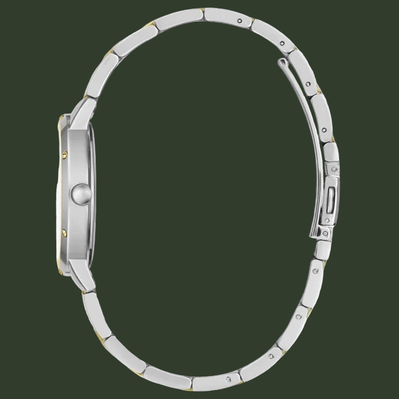A silver stainless steel watch with a matching metal link bracelet, shown from a side profile view against a plain white background.