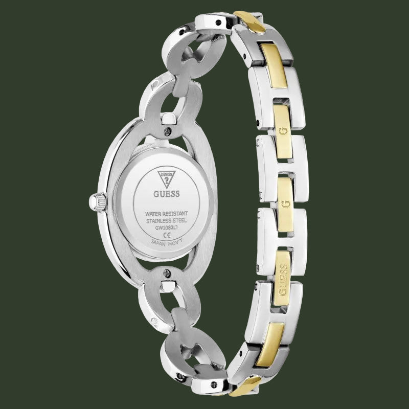 A close-up of a GUESS women's stainless steel link bracelet watch, showing the back of the oval case and the two-tone metal bracelet with silver and gold accents on a white background.