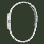 A silver-tone stainless steel watch with a two-tone yellow gold case, shown from a side profile view on a white background.