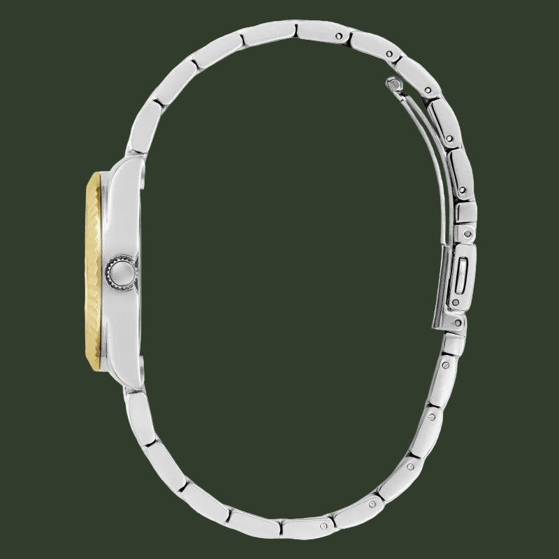 A silver-tone stainless steel watch with a two-tone yellow gold case, shown from a side profile view on a white background.
