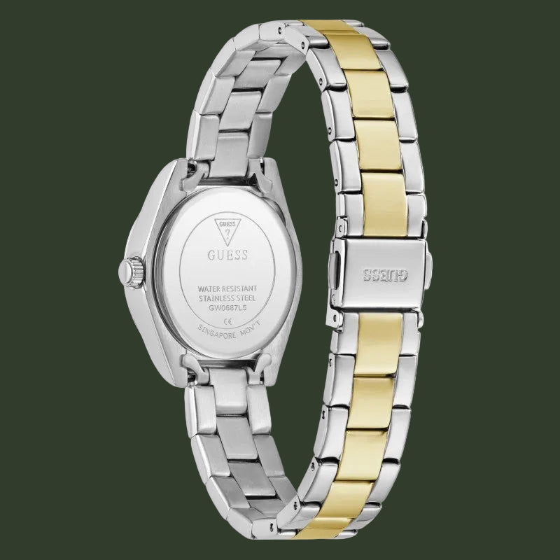 Two-tone silver and gold watch with visible brand logo on a white background