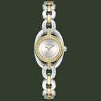 A Guess women's two-tone watch with a silver and gold-tone link bracelet, a silver oval case, and a white dial accented with gold-tone details and crystal rhinestones.