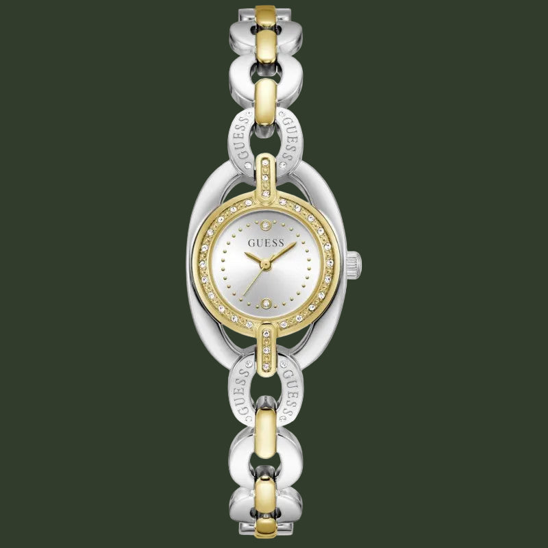 A Guess women's two-tone watch with a silver and gold-tone link bracelet, a silver oval case, and a white dial accented with gold-tone details and crystal rhinestones.