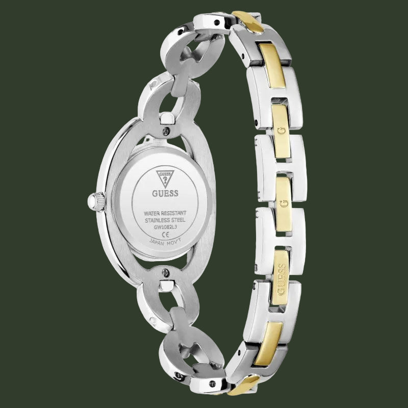 A close-up of a GUESS women's stainless steel link bracelet watch, showing the back of the oval case and the two-tone metal bracelet with silver and gold accents on a white background.