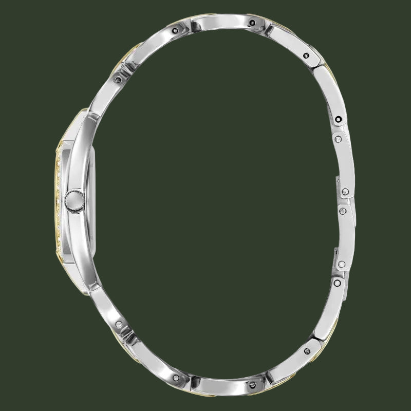 A silver-toned metal link bracelet watch band shown from the side profile against a plain white background.