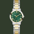 A Guess women's two-tone stainless steel and gold watch with a green dial, Roman numeral hour markers, and a matching green and gold link bracelet, shown on a plain white background.