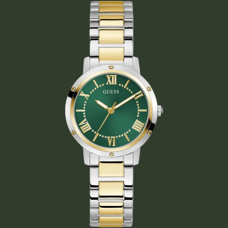 A Guess women's two-tone stainless steel and gold watch with a green dial, Roman numeral hour markers, and a matching green and gold link bracelet, shown on a plain white background.