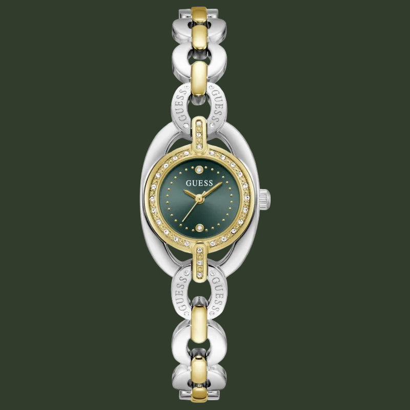 A Guess women's two-tone watch with a silver and gold-tone link bracelet, a dark green dial, and a bezel accented with small clear crystals, shown on a plain white background.
