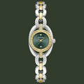 A Guess women's two-tone watch with a silver and gold-tone link bracelet, a dark green dial, and a bezel accented with small clear crystals, shown on a plain white background.