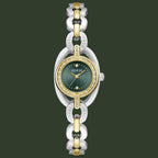 A Guess women's two-tone watch with a silver and gold-tone link bracelet, a dark green dial, and a bezel accented with small clear crystals, shown on a plain white background.