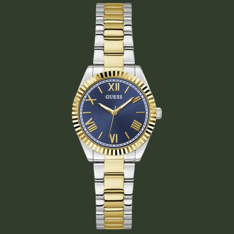 A Guess women's two-tone metal watch with a blue dial, gold-tone Roman numerals, and a link bracelet alternating between gold and silver-tone stainless steel.