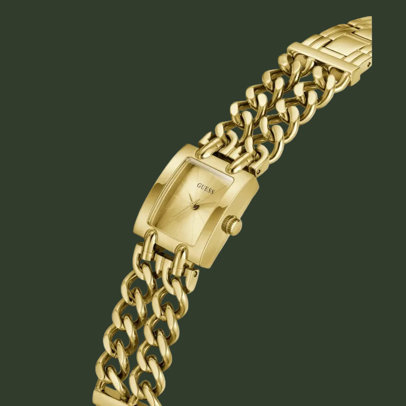 Gold-tone women's analog watch with a rectangular dial and a thick interlocking chain link bracelet, shown on a plain white background.