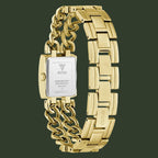 Gold-tone Guess wristwatch with a rectangular case and a thick linked chain-style bracelet, shown from the back on a white background.