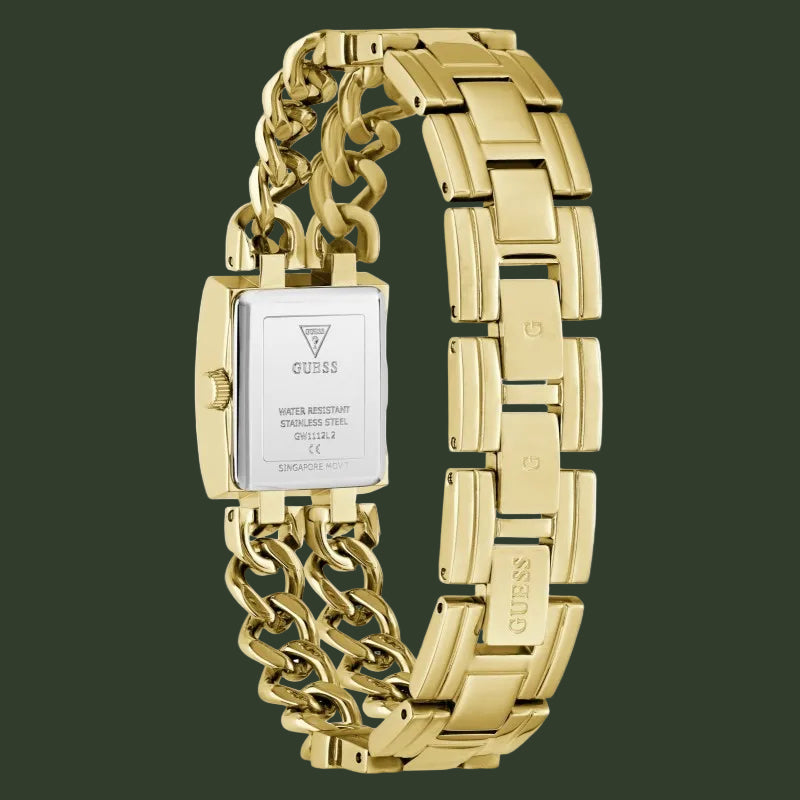 Gold-tone Guess wristwatch with a rectangular case and a thick linked chain-style bracelet, shown from the back on a white background.