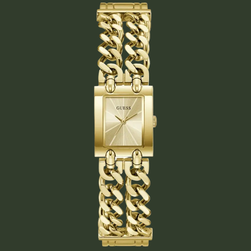 Gold-tone Guess women's watch with a rectangular case, sunburst dial, and a double curb link bracelet, shown on a plain white background.