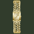 Gold-tone Guess women's watch with a rectangular case, sunburst dial, and a double curb link bracelet, shown on a plain white background.