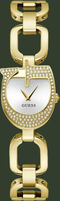 Gold watch with a chain-like design on a white background