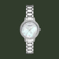 Silver watch with a white face on a white background