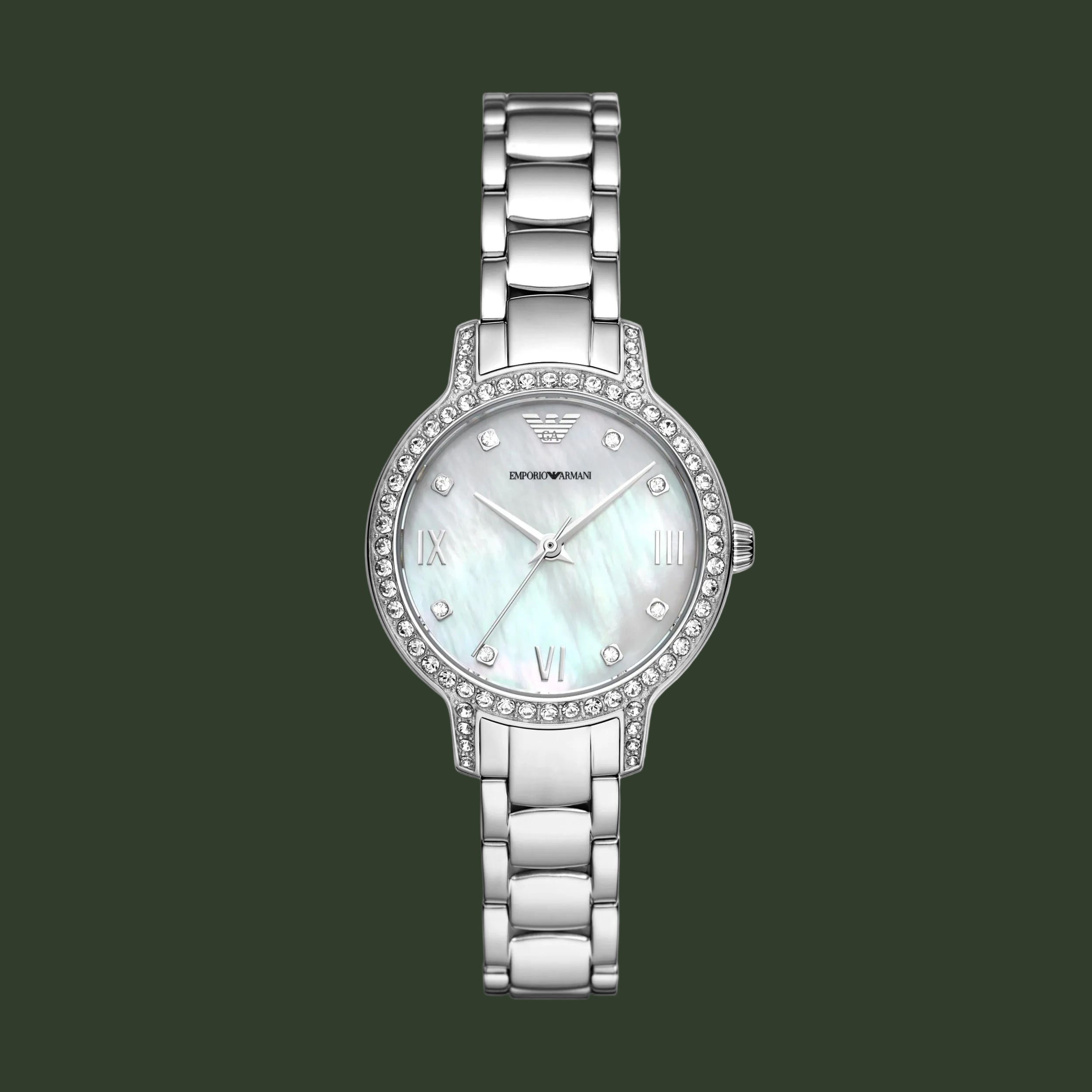 Silver watch with a white face on a white background