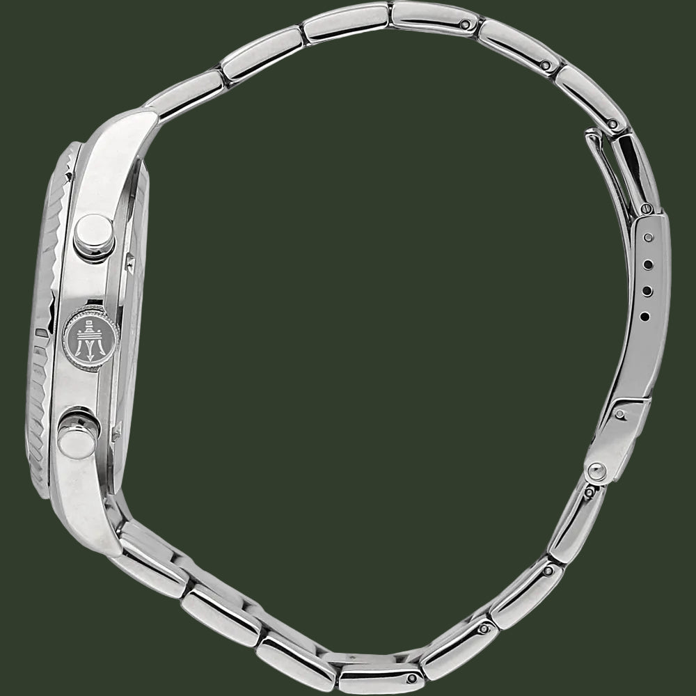 Close-up of a silver watch with a detailed bezel on a white background