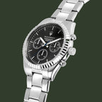 Silver watch with black dial on a white background