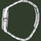 Close-up of a silver watch with a white background