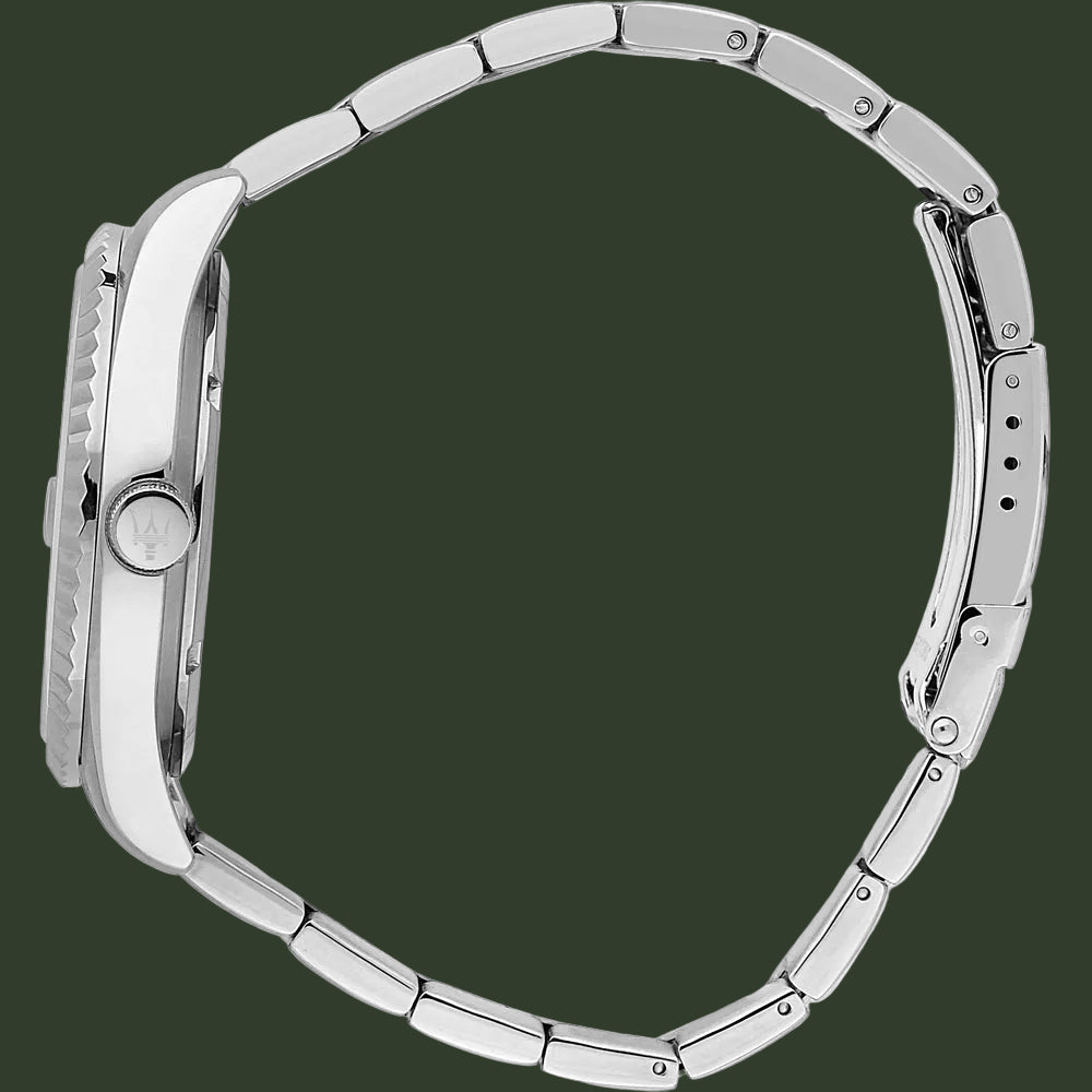 Close-up of a silver watch with a white background