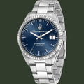 Silver watch with blue dial on a white background 