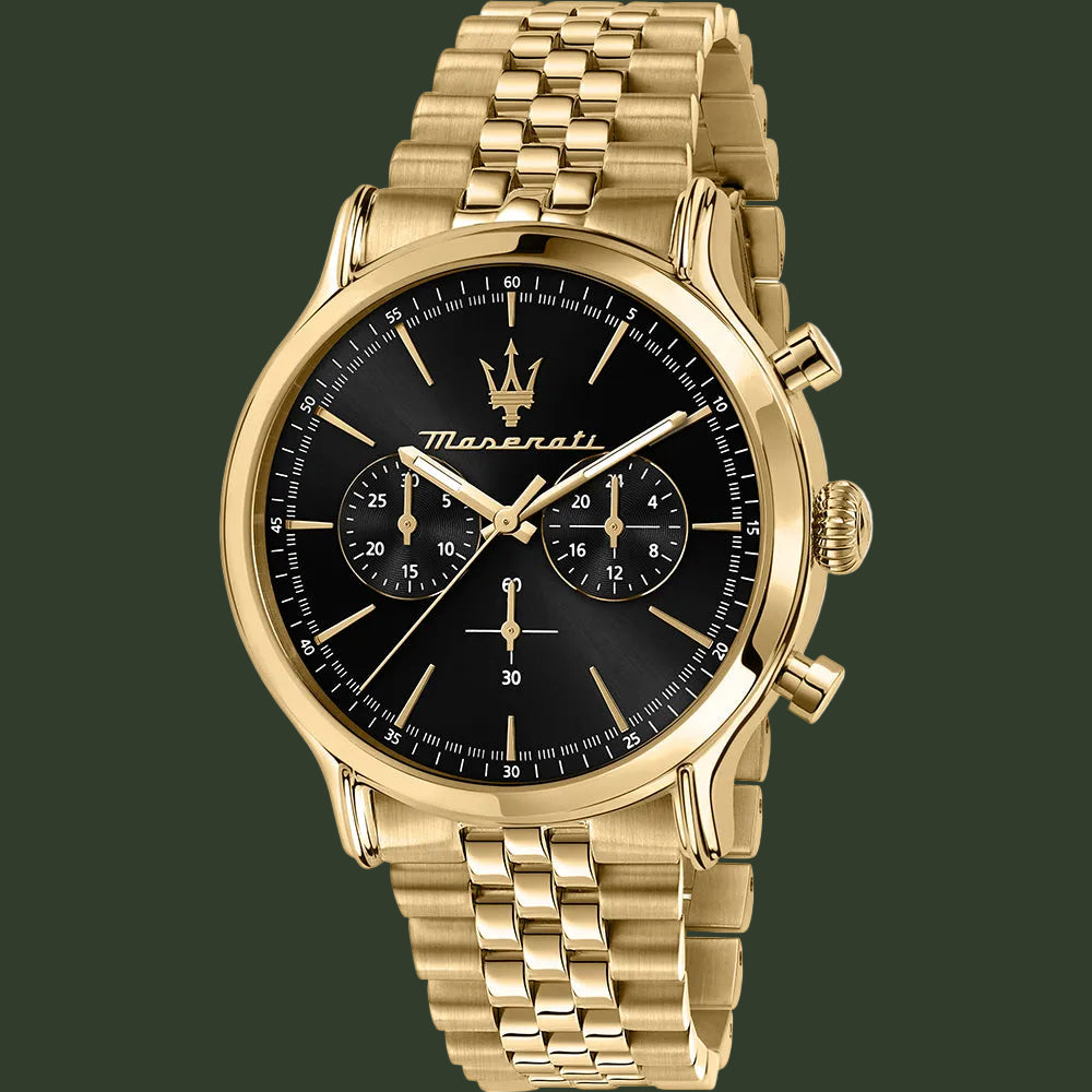 Gold watch with black face on a white background