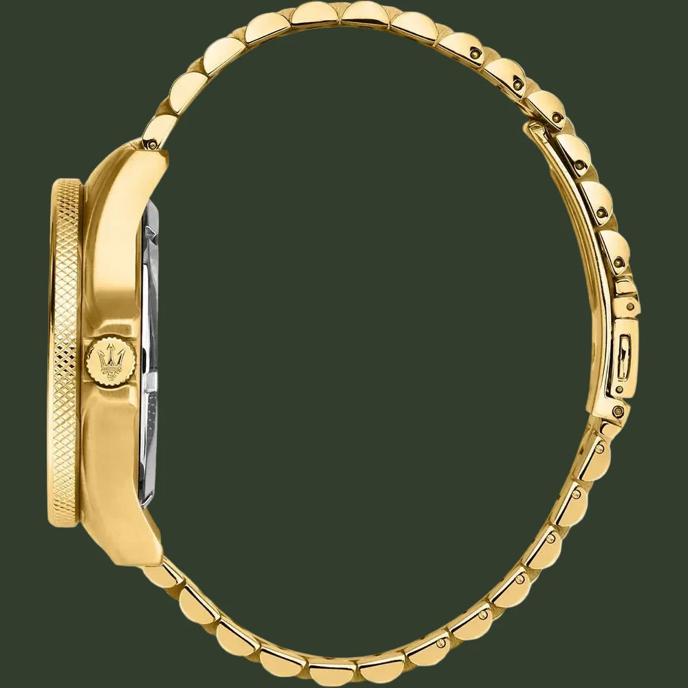 Gold-tone watch with a textured bezel and matching link bracelet, shown from the side profile on a white background.