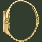 Gold-tone watch with a textured bezel and matching link bracelet, shown from the side profile on a white background.