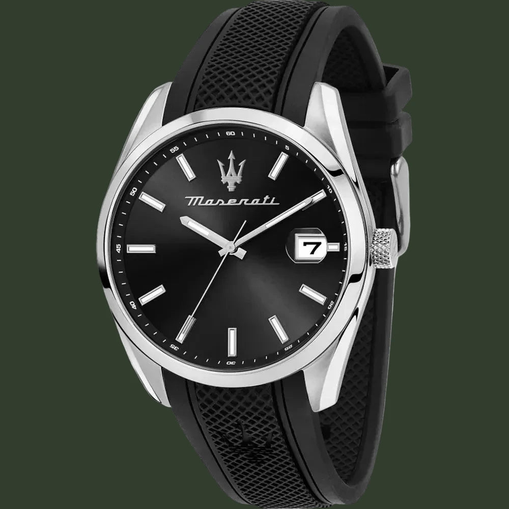Maserati watch with black dial and strap on a white background