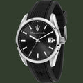 Maserati watch with black dial and strap on a white background