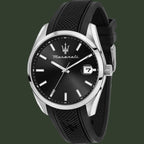 Maserati watch with black dial and strap on a white background